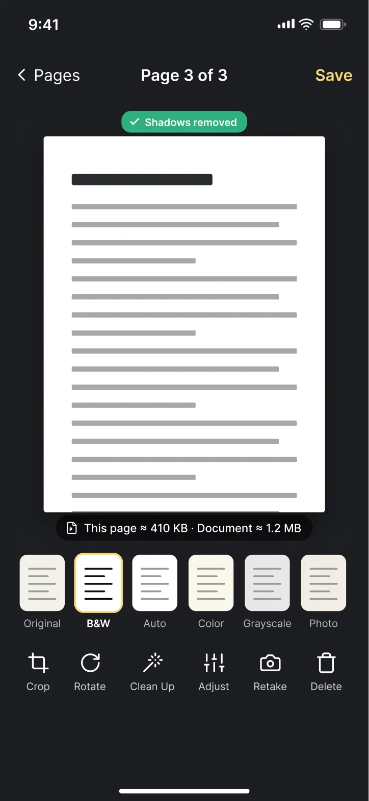 The page editor after a scan: a clean B&W page, the filter strip and the edit tools.